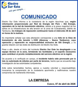 Corte de energía eléctrica continúa en Apurímac por falla en línea de alta tensión