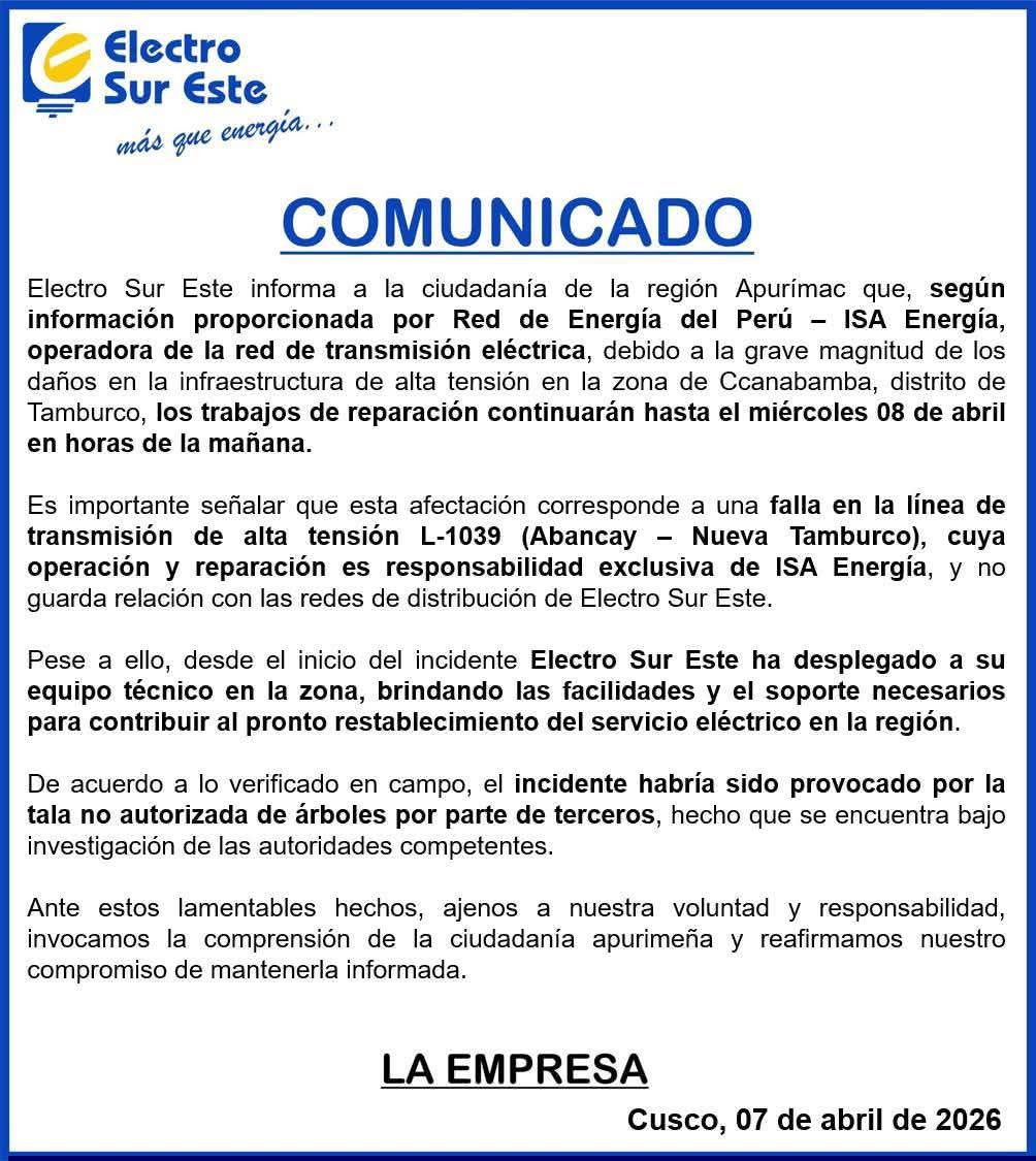 Corte de energía eléctrica continúa en Apurímac por falla en línea de alta tensión